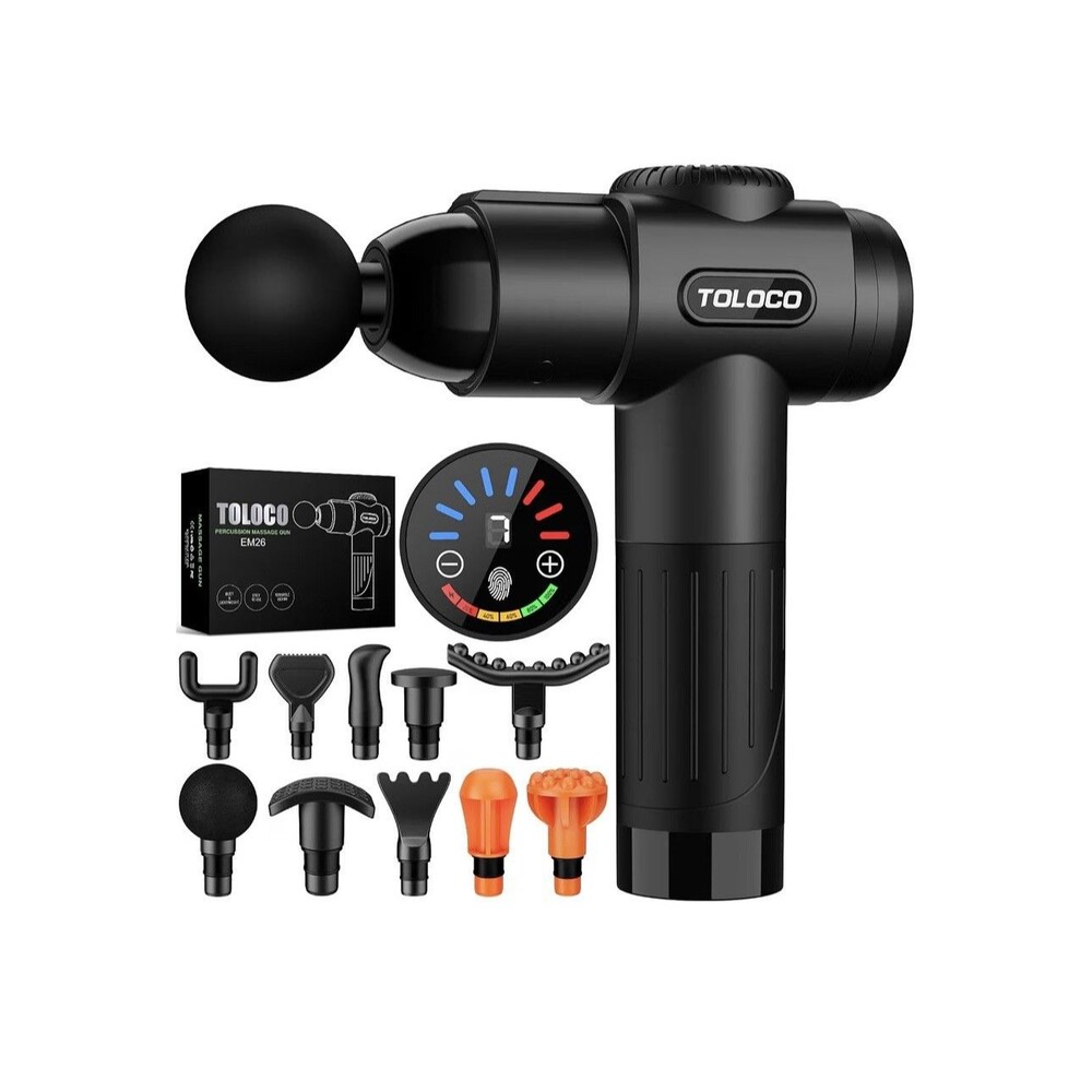 TOLOCO EM26 Percussion Massage Gun Black, Lightweight USB/Battery, Multi Attach